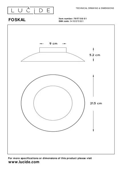 Lucide FOSKAL - Plafonnière - Ø 21,5 cm - LED - 1x6W 2700K - Messing - technisch